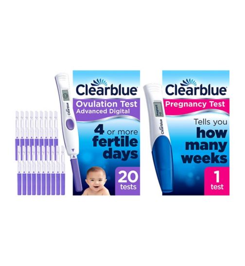 Clearblue Advanced Digital Ovulation Test Kit (OPK), 1 Digital Holder And 20 Tests;Clearblue Digital Ovulation Test with Dual Hormone Indicator 2 Month Supply - 20 Tests;Clearblue Digital Pregnancy Test With Weeks Indicator - 1 test;Clearblue Digital Pregnancy Test kit with Conception Indicator - 1 Test;Clearblue Ovulation and Pregnancy Test Bundle