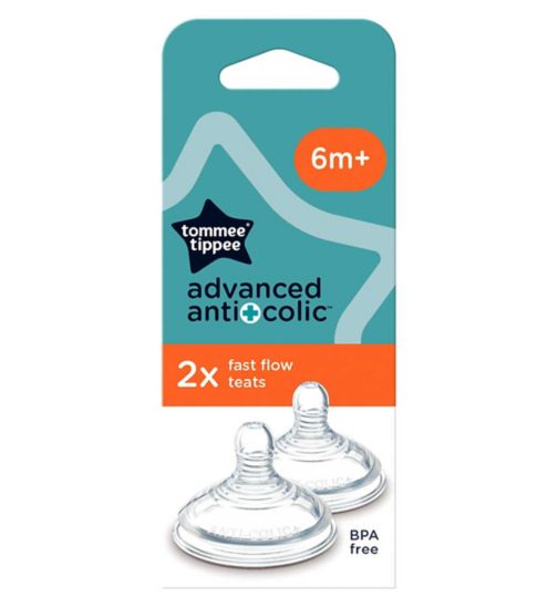 Tommee Tippee Advanced Anti-Colic Baby Bottle Teats, Breast-Like, Soft Silicone, Fast Flow, 6m+, Pack of 2