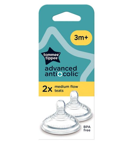 Tommee Tippee Advanced Anti-Colic Baby Bottle Teats, Breast-Like, Soft Silicone, Medium Flow, 3m+, Pack of 2