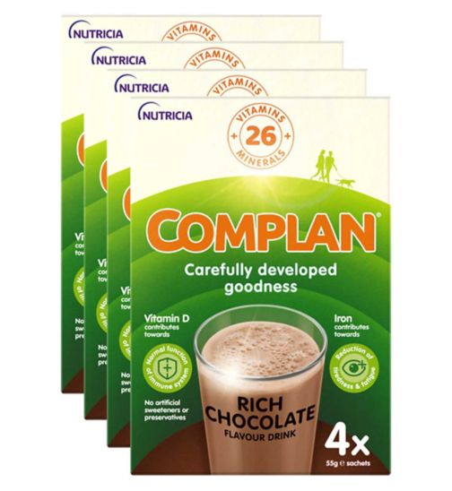 Complan Chocolate Flavour Drink 4 Sachets;Complan Chocolate Flavour Nutritional Drink - 4 packs (16 x 55g sachets);Complan Chocolate Nutritional Drink Sachet 4x55g