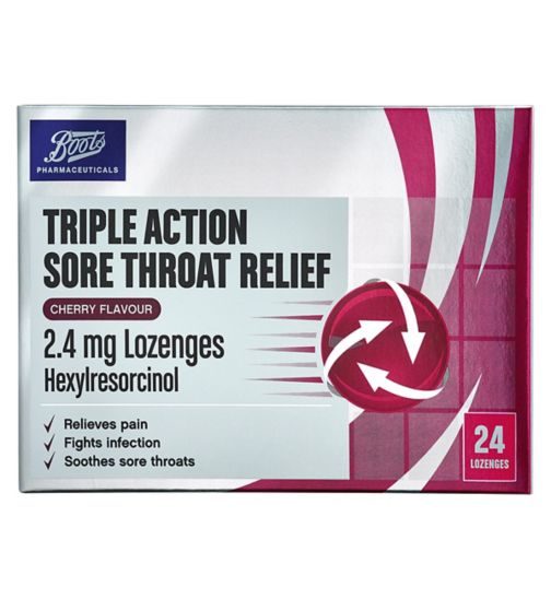 Boots Triple Action Sore Throat Relief 2.4 mg Lozenges - Cherry Flavour - 24 Lozenges
