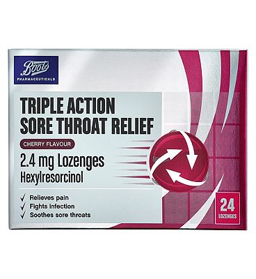 Boots Triple Action Sore Throat Relief 24 Mg Lozenges Cherry Flavour 24 Lozenges