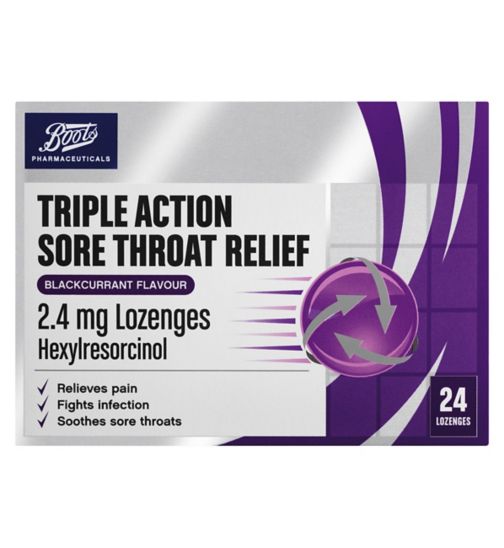 Boots Triple Action Sore Throat Relief 2.4mg Lozenges - Blackcurrant Flavour - 24 Lozenges