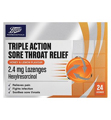 Boots Triple Action Sore Throat Relief 24mg Lozenges Honey Lemon 24 Lozenges