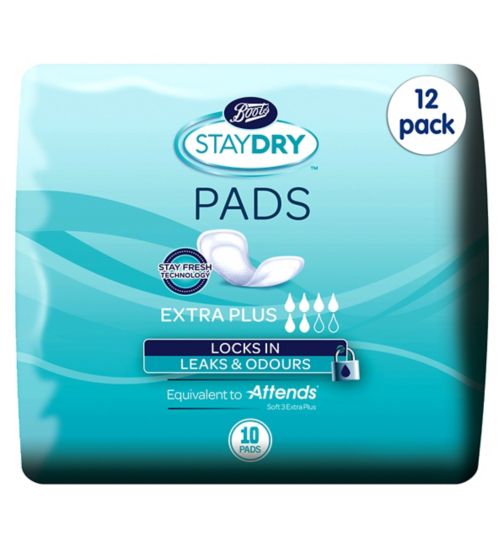 Boots Staydry Extra Plus Pads 120 Pads (12 Pack Bundle);Staydry Extra Plus Pads for Moderate Incontinence - 10 Pack;Staydry Extra Plus Pads for Moderate Incontinence - 10 Pack