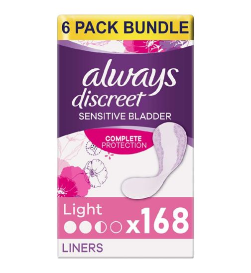 Always         Discreet light liner 28s;Always Discreet Incontinence Liners Light, For Sensitive Bladder x168;Always Discreet Incontinence Liners Light, For Sensitive Bladder x28