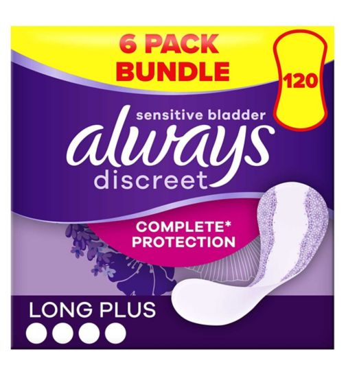 Always Discreet Incontinence Liners Long Plus - 120 Liners (6 pack bundle);Always Discreet Incontinence Liners Long+ 20, For Sensitive Bladder;Always Discreet Long Plus 20s