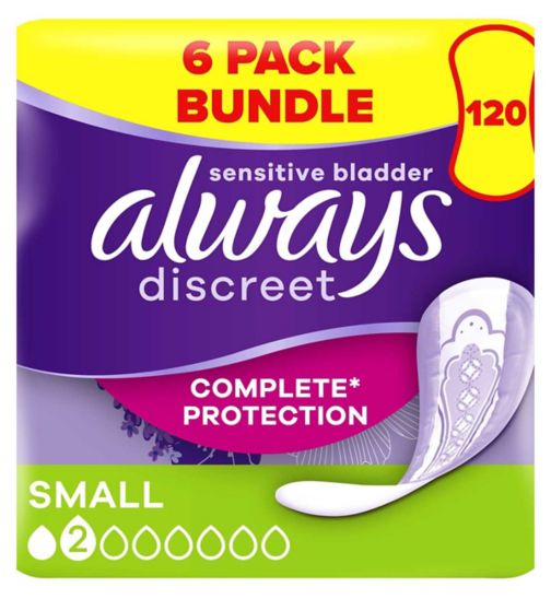Always Discreet Incontinence Pads Small - 120 pads (6 pack bundle);Always Discreet Incontinence Pads Small For Sensitive Bladder x20;Always Discreet Small Pads 20s