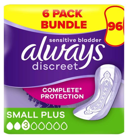 Always Discreet Incontinence Pads Small Plus - 96 pads (6 pack bundle);Always Discreet Incontinence Pads Small Plus For Sensitive Bladder x16;Always Discreet Small Plus16s