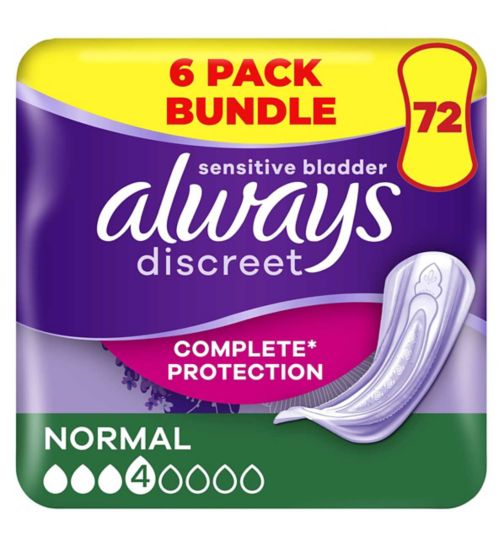 Always Discreet Incontinence Pads Normal - 72 pads (6 pack bundle);Always Discreet Incontinence Pads Normal For Sensitive Bladder x 12;Always Discreet Normal Pads 12s