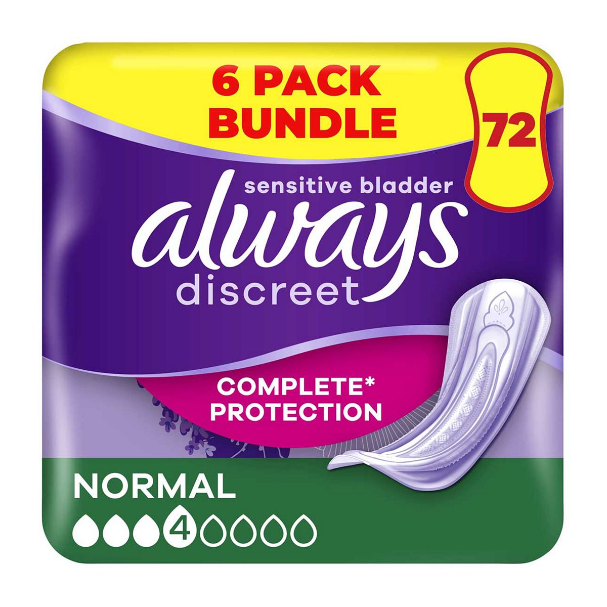 Always Discreet Incontinence Pads Normal - 72 (6 Pack Bundle)