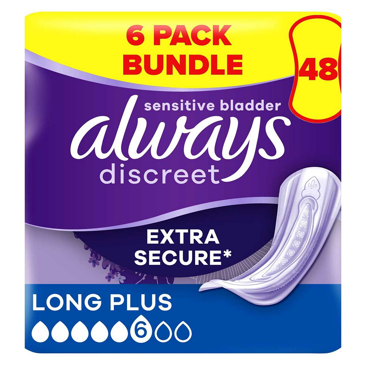 Always Discreet Incontinence Pads Plus Long - 48 (6 Pack Bundle)