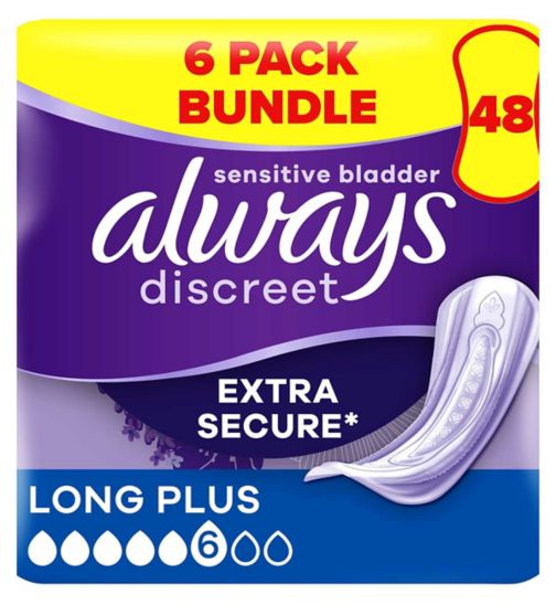 Always Discreet Incontinence Pads Plus Long Plus - 48 pads (6 pack bundle);Always Discreet Incontinence Pads Plus Women Long Plus x8;Always Discreet Long Plus Pads 8s