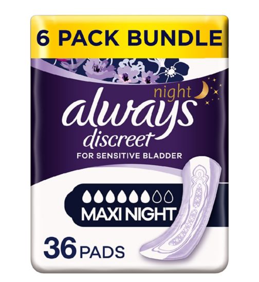 Always Discreet Incontinence Pads Plus Maxi Night For Sensitive Bladder x 6;Always Discreet Incontinence Pads Plus Maxi Night For Sensitive Bladder x36 (6 pack bundle);Always Discreetmaxi night pads6s
