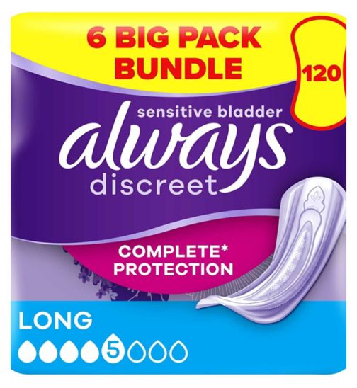 Always Discreet Incontinence Pads Plus Long - 120 pads (6 pack bundle);Always Discreet Incontinence Pads Plus Women Long x20;Always Discreet Long Pads 20s