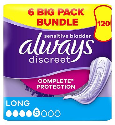 Always Discreet Incontinence Pads Plus Long - 120 pads (6 pack bundle)