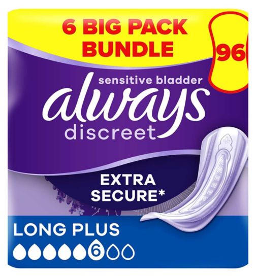Always Discreet Incontinence Pads Long Plus x16;Always Discreet Incontinence Pads Plus Long Plus - 96 pads (6 pack bundle);Always Discreet Long Plus Pads 16s