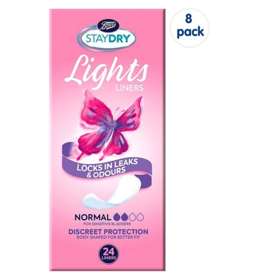 Staydry Lights Normal Liners for Light Incontinence - 24 Pack;Staydry Lights Normal Liners for Light Incontinence 24s;Staydry Lights Normal Liners for Light Incontinence 8 Pack Bundle – 192 Liners