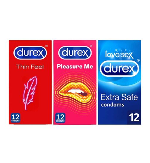 Durex Condoms Bundle (3 x 12 Pack);Durex Emoji Pleasure Me Condoms 12s;Durex Extra Safe Condoms 12s;Durex Extra Safe Thick Condoms - 12 pack;Durex Pleasure Me Ribbed and Dotted Condoms - 12 Pack;Durex Thin Feel Condoms - 12 Pack;Durex Thin Feel Condoms 12s