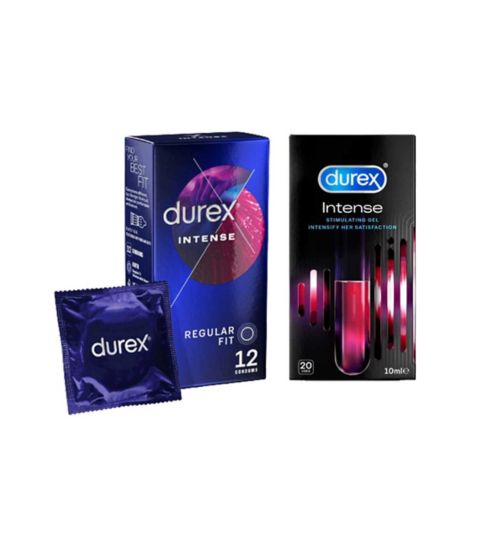 Durex Intense Condoms - 12 Pack;Durex Intense Condoms and Gel Bundle;Durex Intense Gel - 10ml;Durex Intense Orgasmic Stimulating Lubricant Gel for Her - 10 ml;Durex Intense Ribbed & Dotted Condoms with Lubricant - 12 Pack