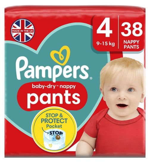 Pampers Baby-Dry Nappy Pants Size 4, 38 Nappies, 9kg-15kg, Essential Pack