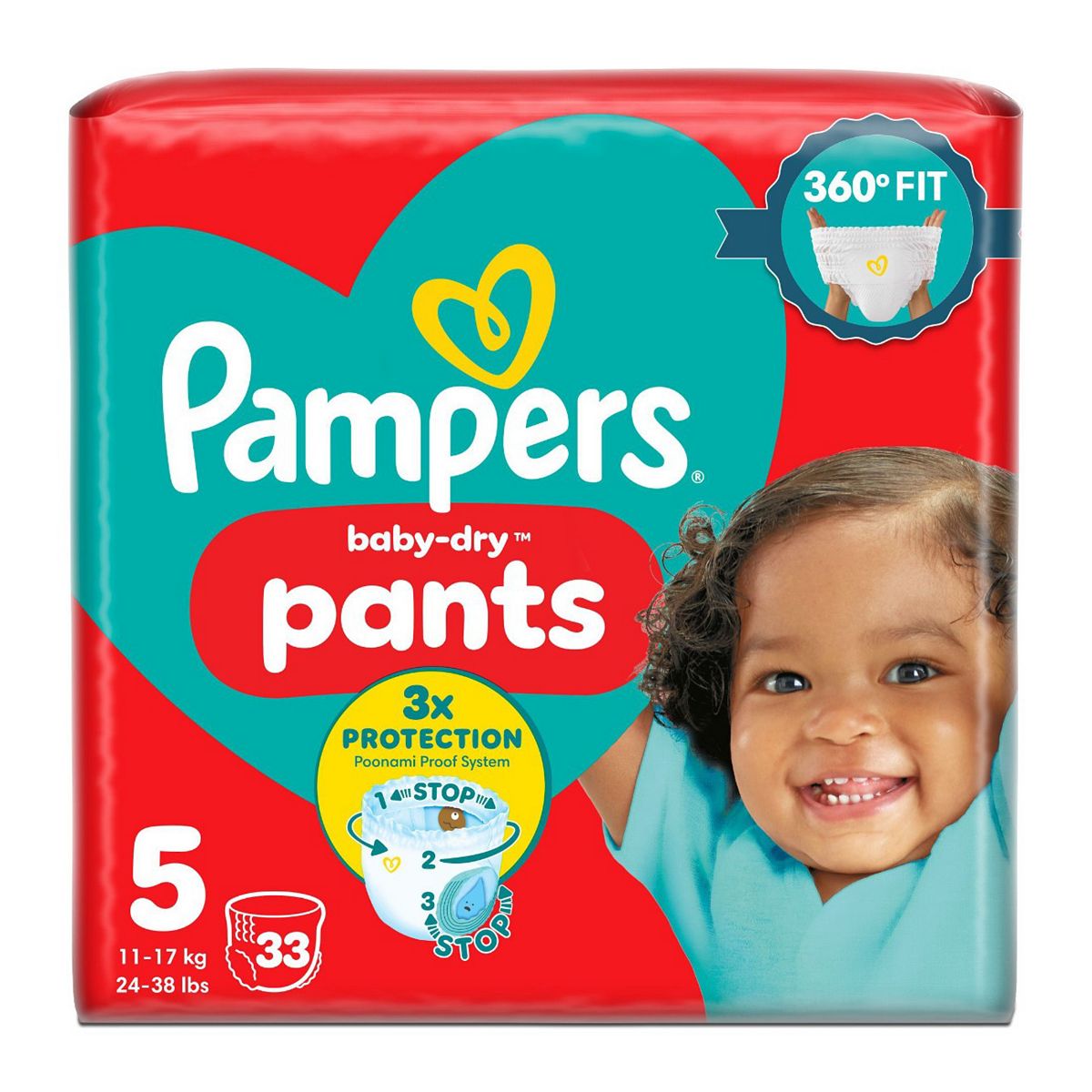Pampers Baby-Dry Nappy Pants Size 5, 33 Nappies, 12Kg-17Kg, Essential Pack