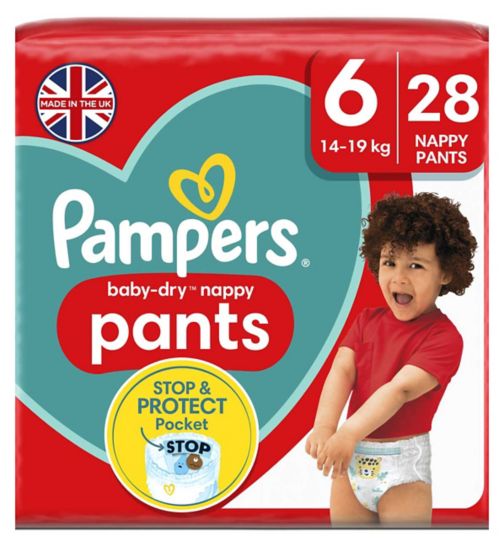 Pampers Baby-Dry Nappy Pants Size 6, 28 Nappies, 15kg+, Essential Pack