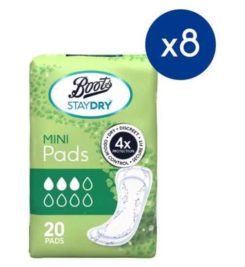 Boots Staydry Mini Pads;Boots Staydry mini pads 20s;Staydry Mini Liners for Light Incontinence 8 Pack Bundle – 160 Liners