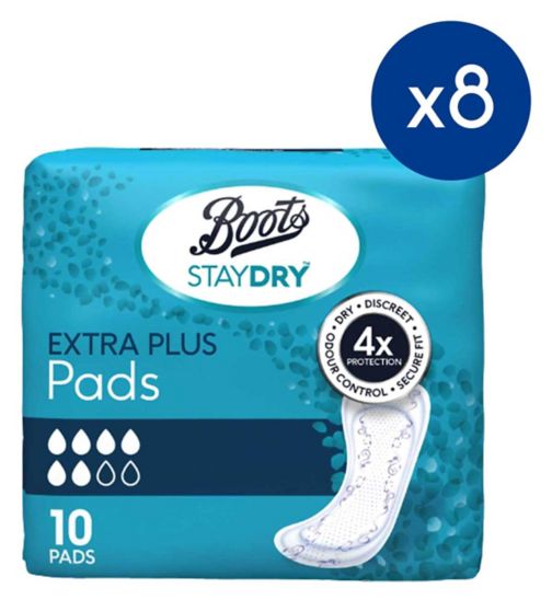 Boots Staydry Extra Plus Pads;Boots Staydry pads extra plus 10s;Staydry Extra Plus Liners for Moderate Incontinence 8 Pack Bundle – 80 Liners