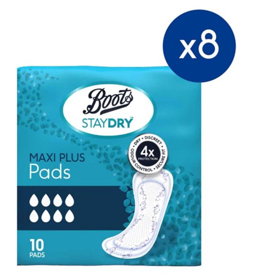 Boots Staydry Maxi Plus Pads;Boots Staydry pads maxi plus 10s;Staydry Maxi Plus Liners for Heavy Incontinence 8 Pack Bundle – 80 Liners