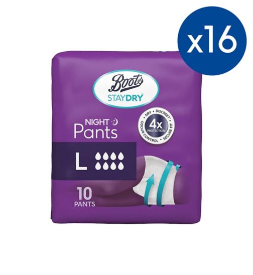 Boots Staydry Night Pants (Sizes Small, Medium, Large, XL);Boots Staydry Night Pants Large - 160 Pants (16 Pack Bundle);Boots Staydry night pants L 10s
