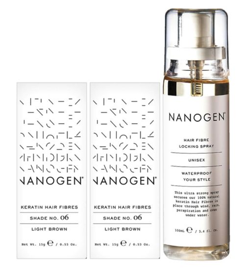 Nanogen Fibre Locking Spray 100ml (2 months' supply);Nanogen Hair Thickening Fibres Light Brown - 2 x 15g Bundle;Nanogen Hair Thickening Fibres Light Brown 15g (1 month's supply);Nanogen Thickening Hair Fibres Light Brown 15g (1 months' supply);Nanogen spray 100ml