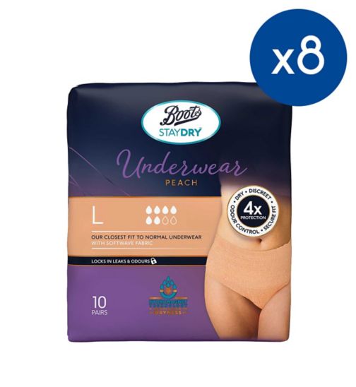 Boots Staydry Underwear Pants Large - 80 Pants (8 Pack Bundle);Boots Staydry Underwear Peach - Large - 10 pairs;Bts Staydry underwear wmn h/w pch L
