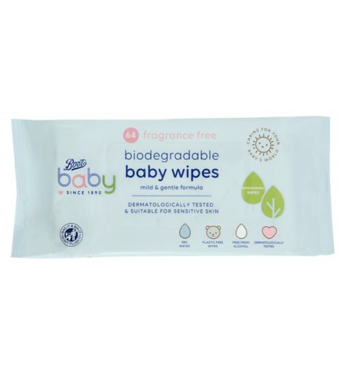 Boots Baby Fragrance Free Biodegradable soft baby wipes, single pack = 64 wipes