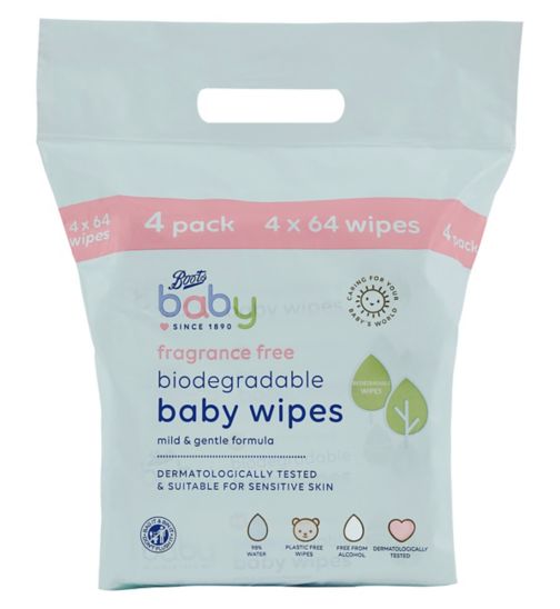 Boots Baby Biodegradable Fragrance Free soft baby wipes, 64x4 pack = 256 wipes