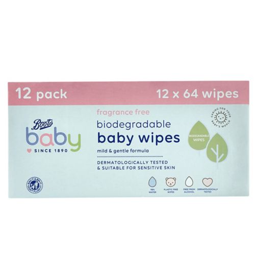 Boots Baby Fragrance Free Biodegradable soft baby wipes, 64x12 pack = 768 wipes
