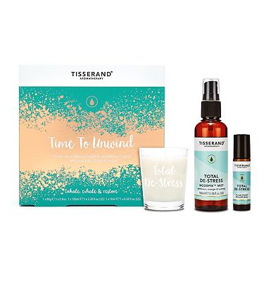 Tisserand Aromatherapy Time To Unwind – Total De-Stress Candle, Moodfix Mist & Roller Ball Collection
