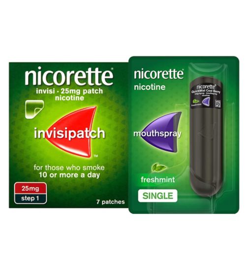 Nicorette Invisi 25mg patch - 7 patches;Nicorette Invisi 25mg patch 7 patches;Nicorette QuickMist 1mg/spray Mouthspray - Freshmint flavour- Single Pack;Nicorette QuickMist 1mg/spray mouthspray;Nicorette Starter Bundle: Nicorette Invisi 25mg Patch 7 & QuickMist 1mg/spray Mouthspray Freshmint 150 sprays