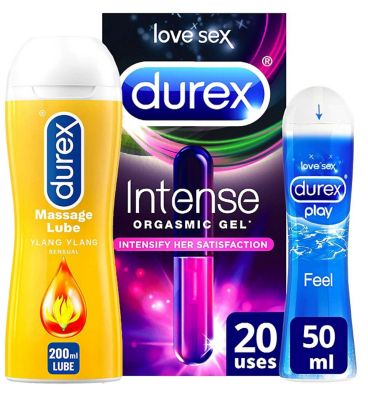 Durex Him and Her Lubricant Bundle;Durex Intense Gel - 10ml;Durex Intense Orgasmic Stimulating Lubricant Gel for Her - 10 ml;Durex Play Feel Lubricant Gel - 50ml;Durex Play Massage 2-in-1 Sensual Lube - 200ml;Durex Play Massage 2-in-1 Sensual Lubricant Gel - 200 ml;Durex Play Water Based Feel Lubricant Gel - 50 ml