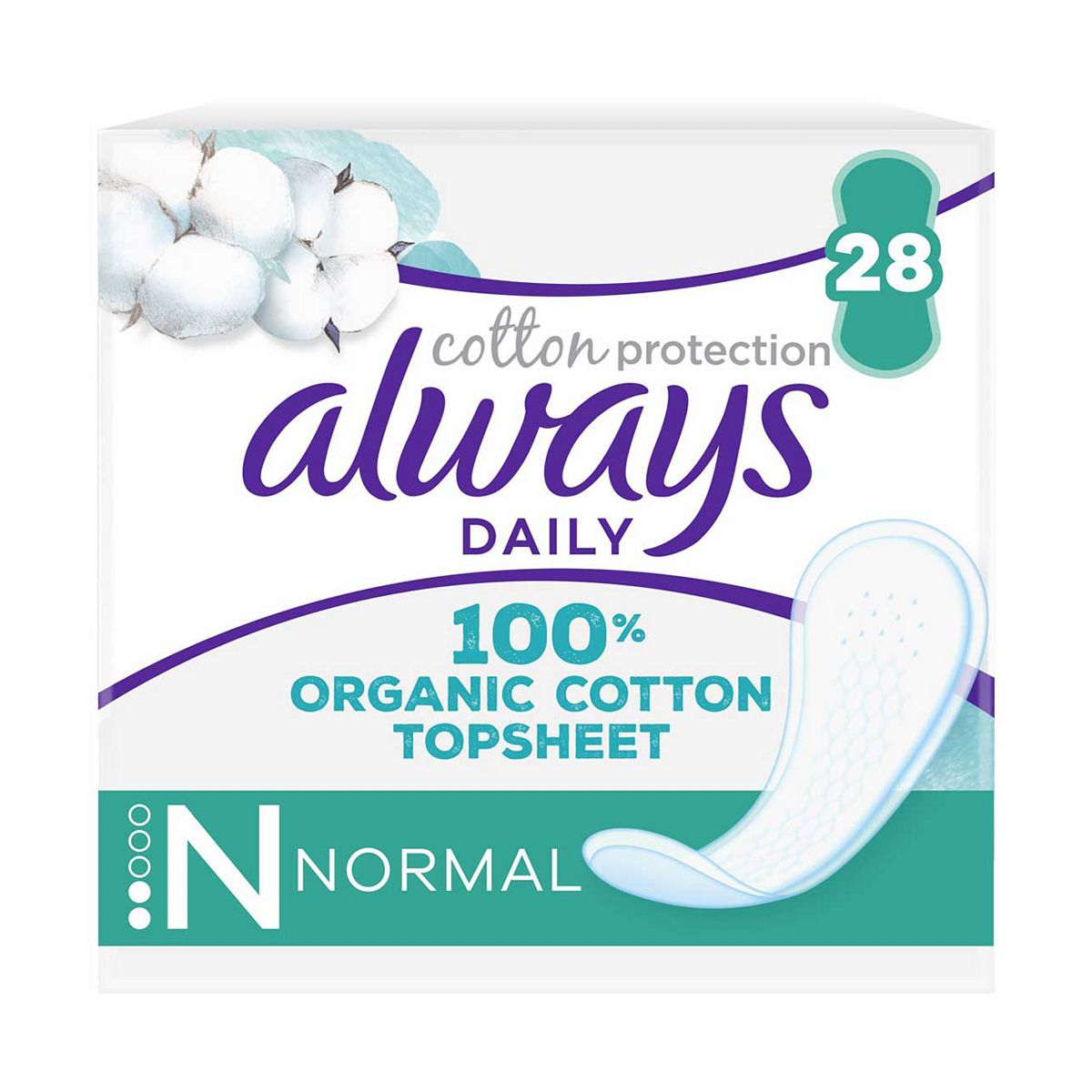 Always Dailies Cotton Protection Panty Liners Normal 28 Liners, 100% Organic Topsheet