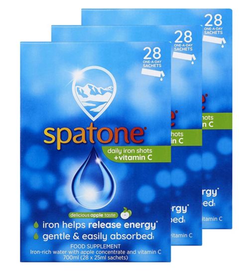 Spatone Apple 3 Month Bundle: 3 x Spatone Apple Daily Iron Shots + Vitamin C 28s;Spatone Apple Daily Iron Shots + Vitamin C 28 Sachets;Spatone Liquid Iron Supplement Apple Taste With Vitamin C 28 Sachets
