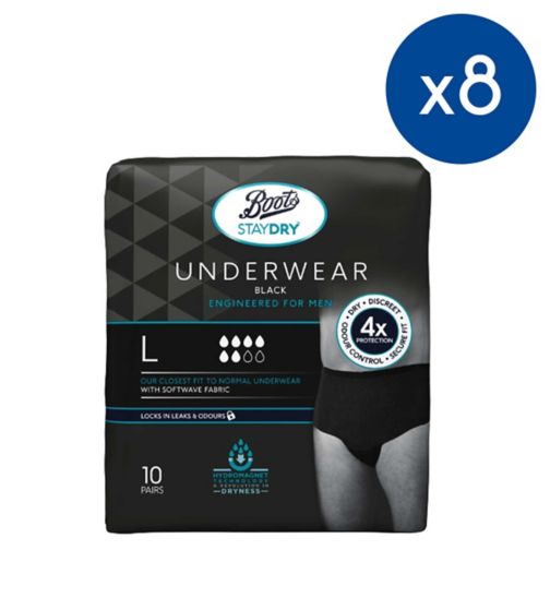Boots Staydry Men's Discreet Pants Large - 80 Pairs (8 Pack Bundle);Boots Staydry Men's Discreet Underwear Size Large - Black (10 Pairs);Boots Staydry Men's Discreet Underwear Size Large - Black (10 Pairs)