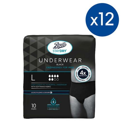 Boots Staydry Men's Discreet Pants Large - 120 Pairs (12 Pack Bundle);Boots Staydry Men's Discreet Underwear Size Large - Black (10 Pairs);Boots Staydry Men's Discreet Underwear Size Large - Black (10 Pairs)