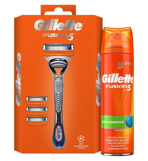 Gillette Fusion Hydra Gel UP 200ml;Gillette Fusion Moisturising Shave Gel for Men with Cocoa Butter, 200ml;Gillette Fusion5 Men's Razor - 4 Blades;Gillette Fusion5 Razor Plus 3 Blade Refills;Gillette Fusion5 Starter Kit & Moisturising Shave Gel Bundle