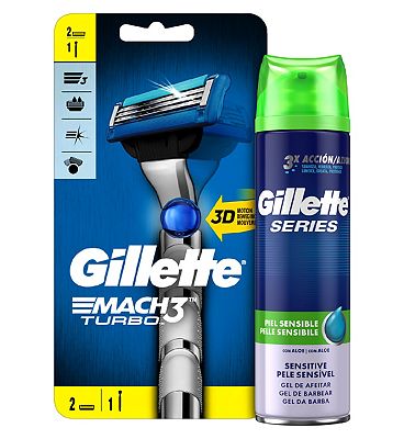 Gillette Mach3 Turbo 3D Razor & Sensitive Shaving Gel Bundle