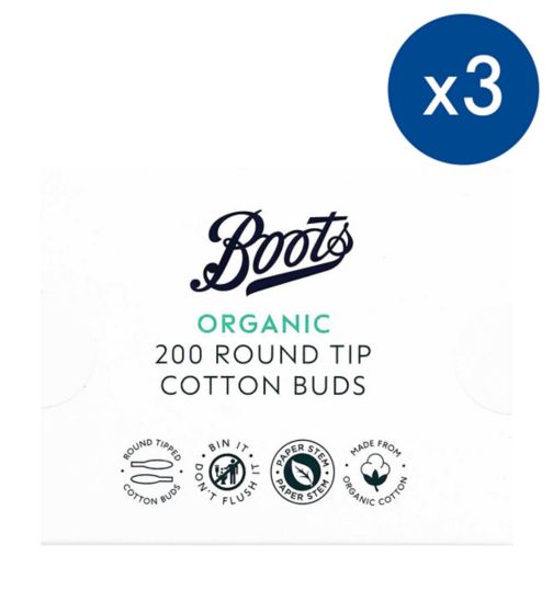 Boots Everyday Organic Round Tip Cotton Buds 200 buds;Organic Round Tip Cotton Buds 200 buds;Pack of 3 Boots cotton buds round tip 200