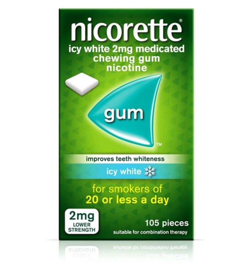 Nicorette Icy White Flavour 2mg Lower Strength Medicated Chewing Gum Nicotine 105 Pieces