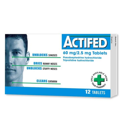 Actifed 60mg Pseudoephedrine hydrochloride and 2.5mg triprolidine hydrochloride 12 tablets