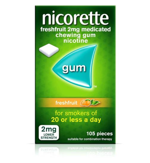Nicorette Freshfruit Flavour 2mg Lower Strength Medicated Chewing Gum Nicotine 105 Pieces