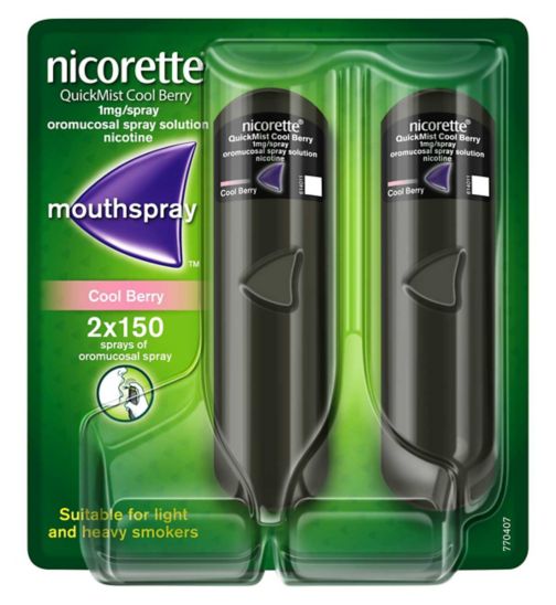 Nicorette QuickMist 1 mg/Spray Solution Nicotine Cool Berry Flavour Duo Pack 2x150 Sprays